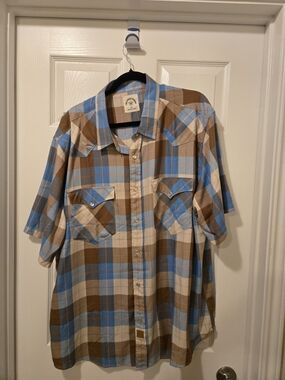 Men's Casual Short-Sleeve Plaid Button-Down Shirt - Blue & Brown